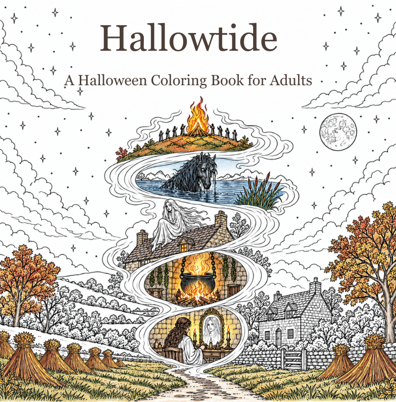 Cover art for Hallowtide, a Halloween coloring book for adults, showing folklore scenes gathered around a winding path.